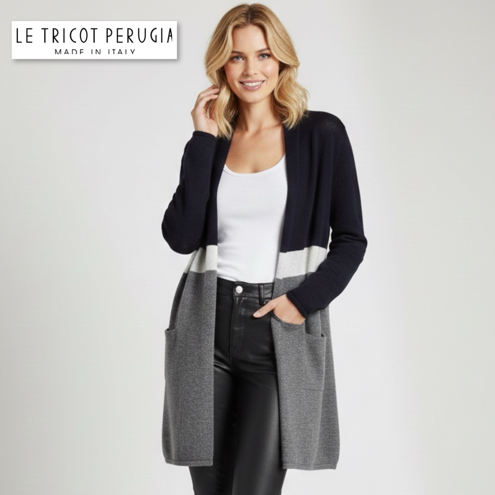 LE TRICOT PERUGIA 100% Cashmere Color Block Open Front Cardigan S Quiet Luxury - Picture 2 of 14